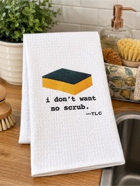 TLC White Kitchen Towel with Yellow and Dark Green Sponge Graphic